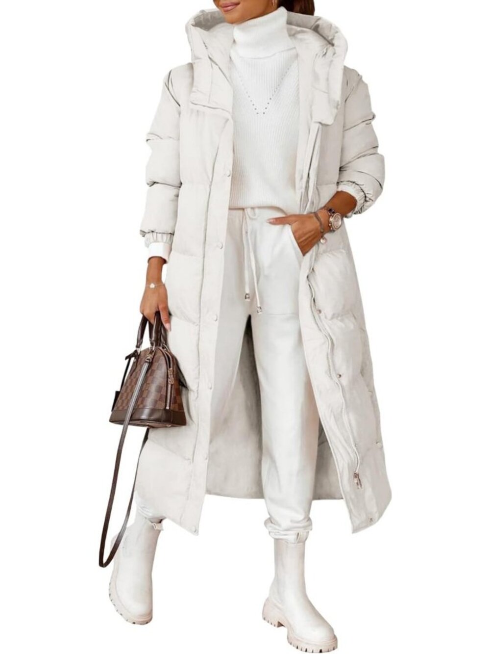 Cozy Long Hooded Quilted Winter Coat for Women - Puffer Jacket with Buttons